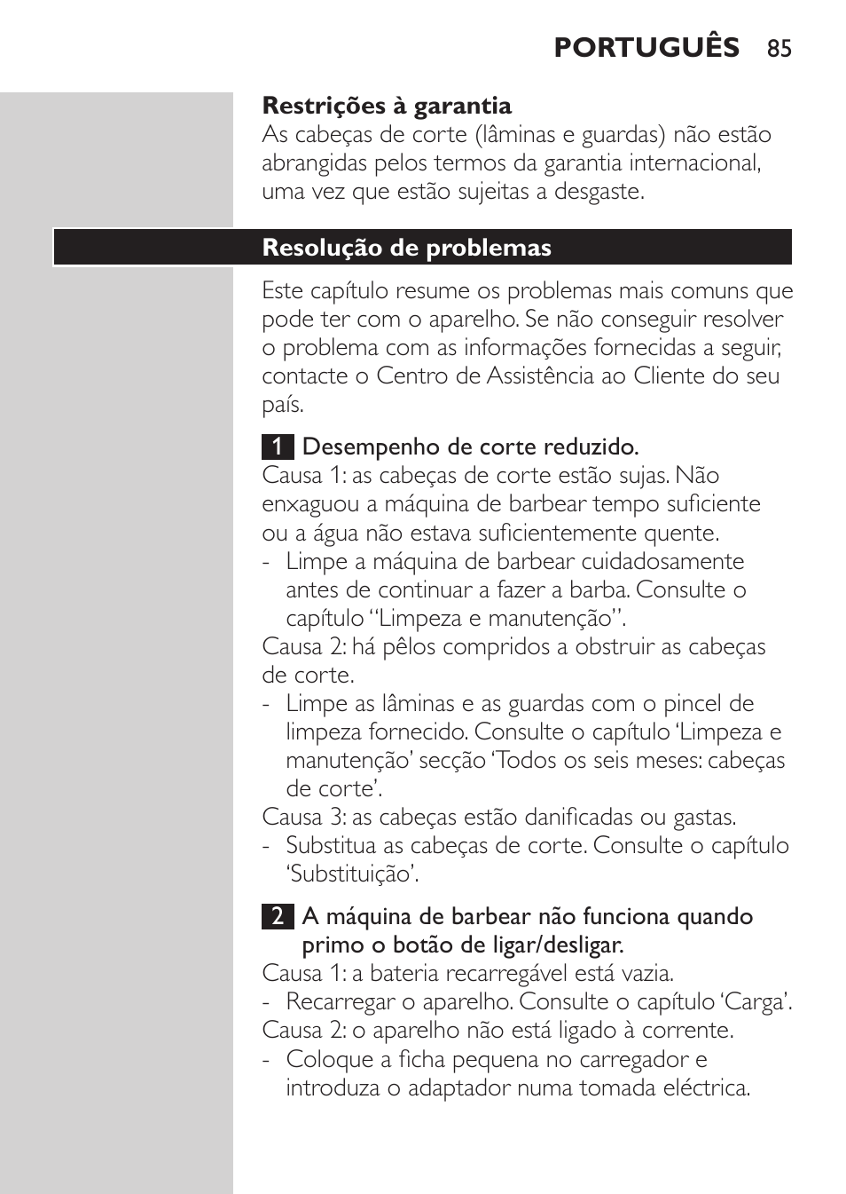 Resolução de problemas | Philips Rasoir électrique User Manual | Page 83 / 96