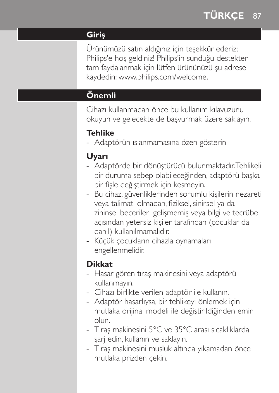 Tehlike, Uyarı, Dikkat | Türkçe, Giriş, Önemli | Philips Rasoir électrique User Manual | Page 85 / 96