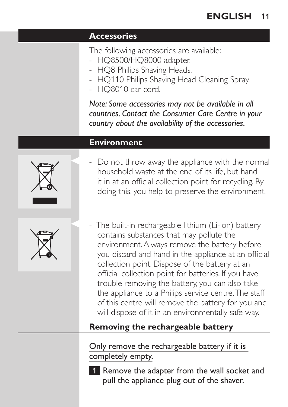 Accessories, Environment, Removing the rechargeable battery | Philips Rasoir électrique User Manual | Page 9 / 96