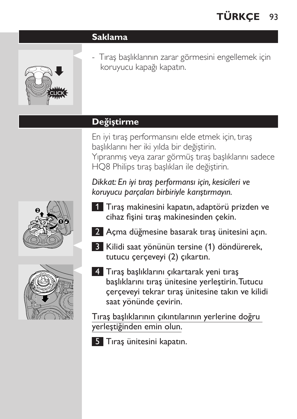Saklama, Değiştirme, Aksesuarlar | Philips Rasoir électrique User Manual | Page 91 / 96