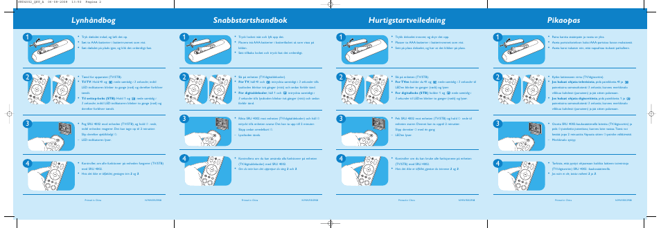 Lynhåndbog, Snabbstartshandbok, Hurtigstartveiledning | Pikaopas | Philips Télécommande universelle User Manual | Page 2 / 2