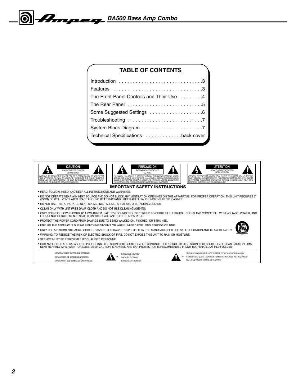 2table of contents, Ba500 bass amp combo, Important safety instructions | Ampeg BASS AMP COMBO BA500 User Manual | Page 2 / 8