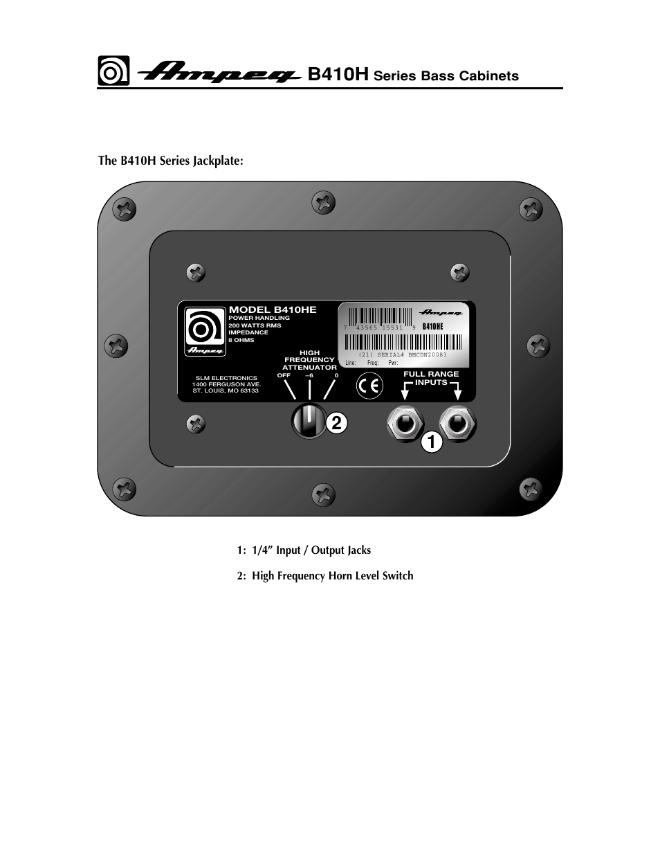 B410h, Series bass cabinets, The b410h series jackplate | Ampeg B410HE User Manual | Page 3 / 4
