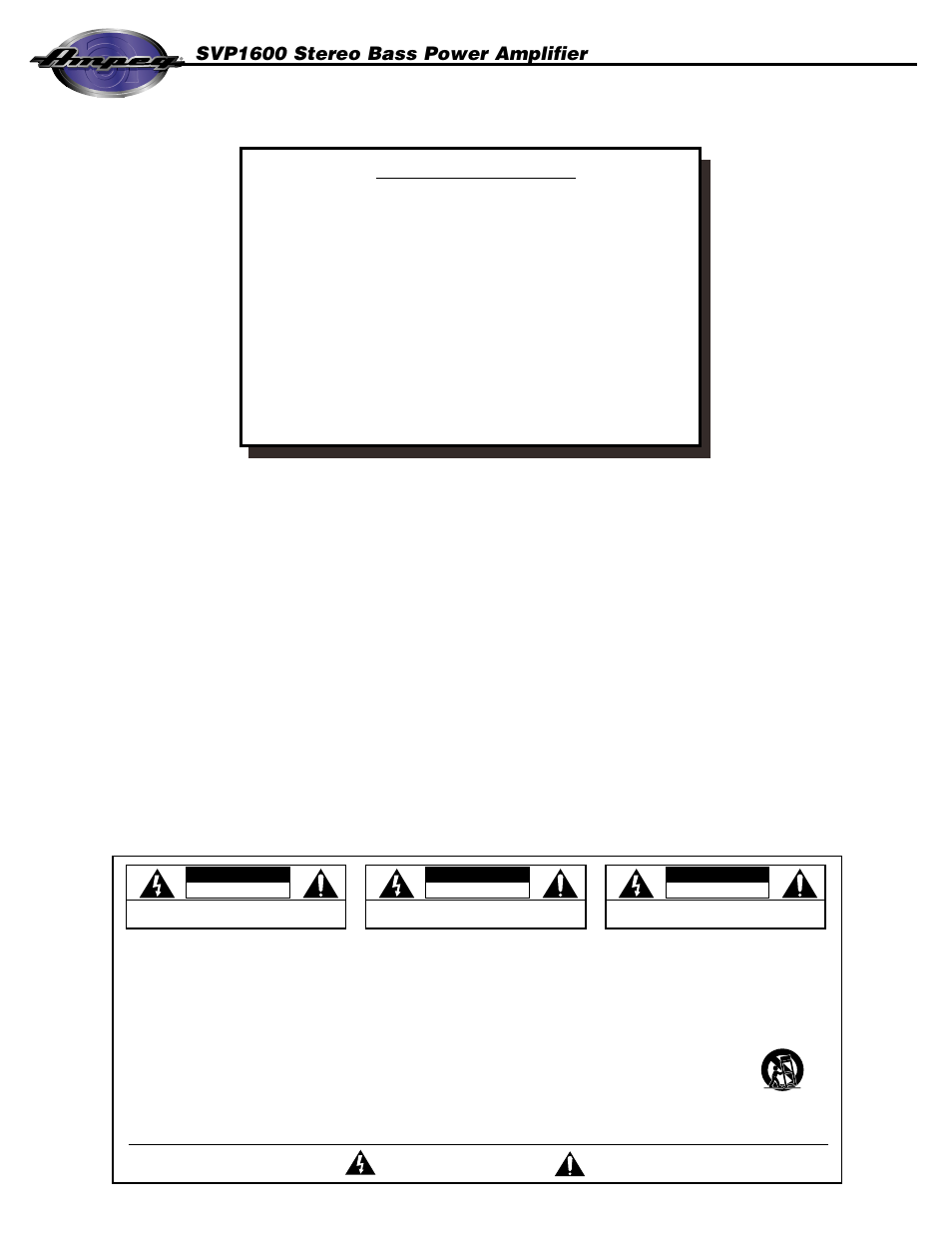 2table of contents, Svp1600 stereo bass power amplifier, Important safeguards and precautions | Ampeg SVP1600 User Manual | Page 2 / 8