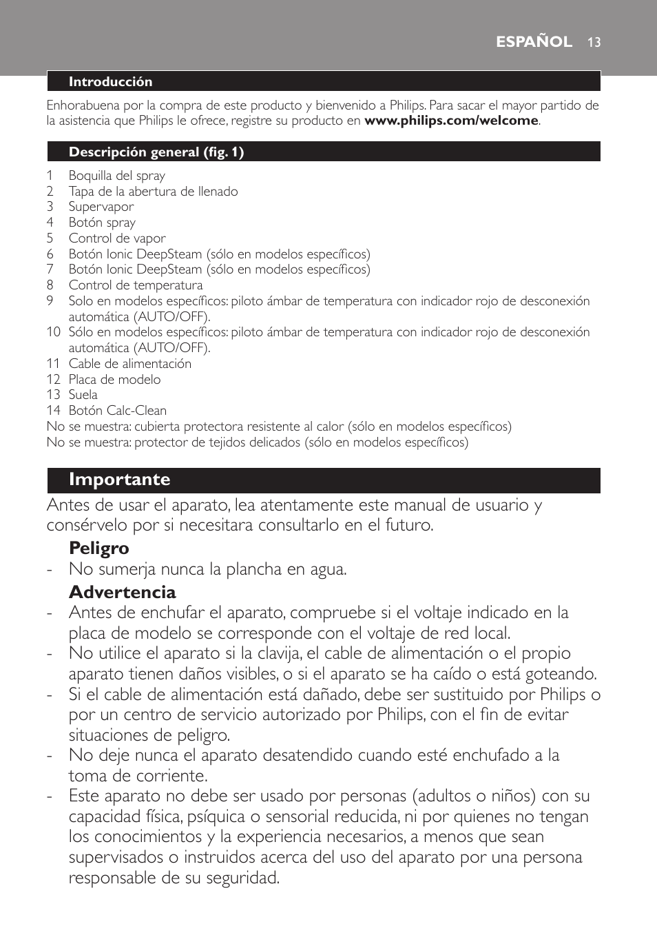 Español | Philips Azur Fer vapeur User Manual | Page 13 / 64