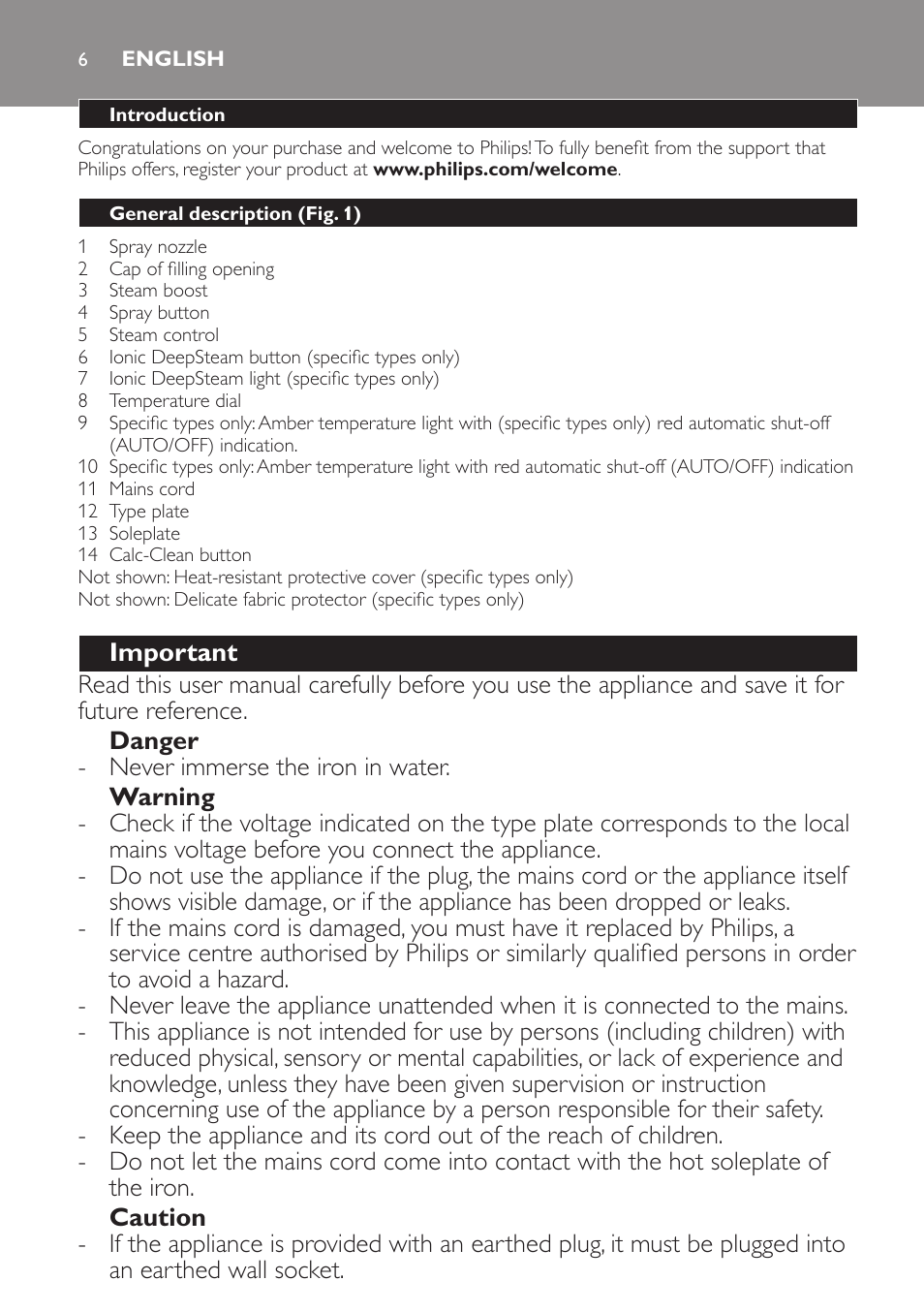 English, Important | Philips Azur Fer vapeur User Manual | Page 6 / 64