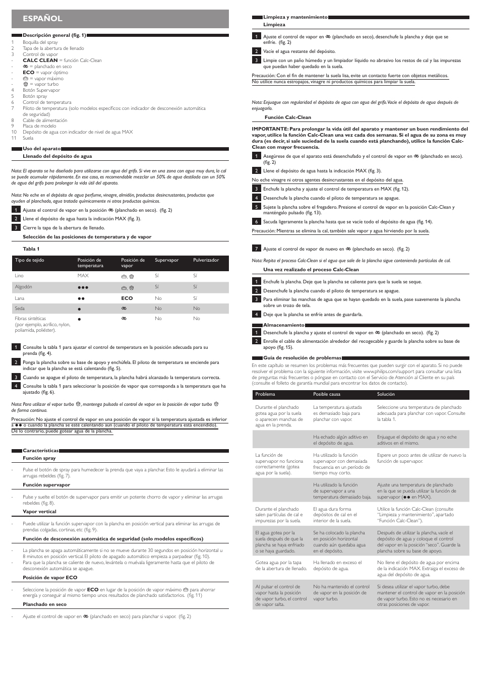Español | Philips EasySpeed Fer vapeur User Manual | Page 3 / 6