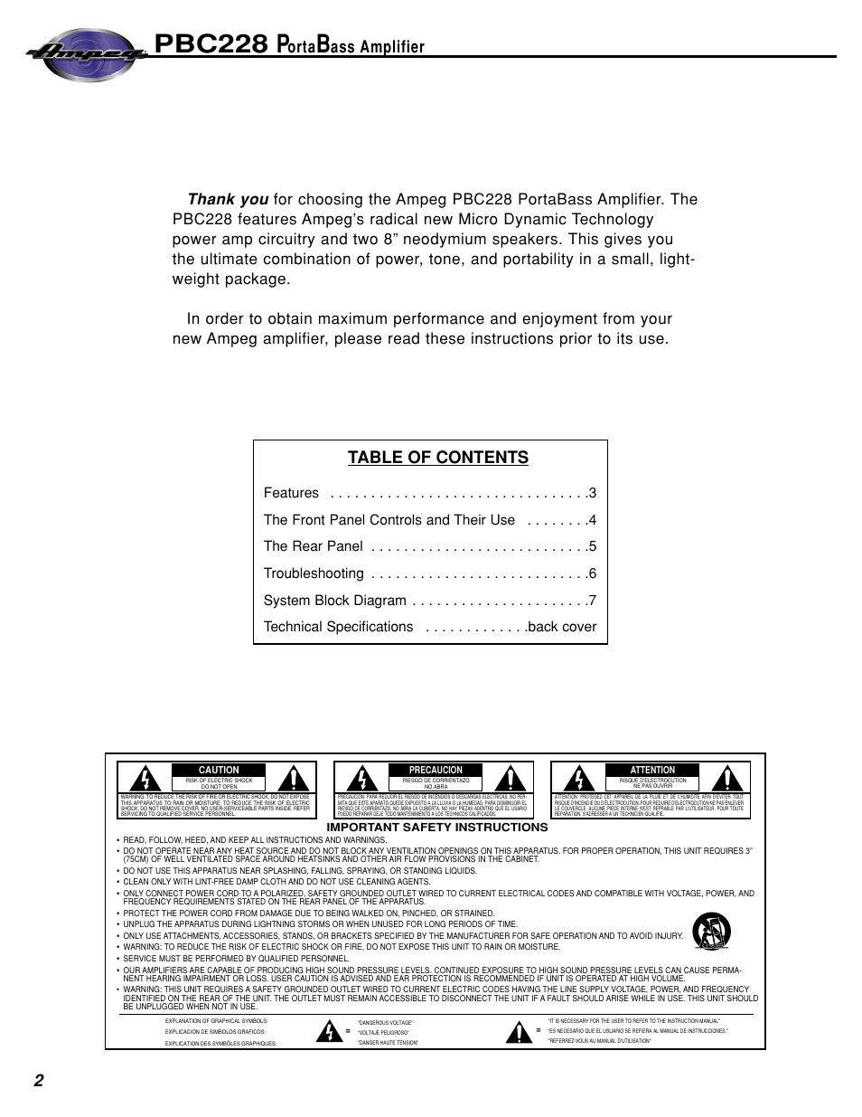 Pbc228 p, 2table of contents, Orta | Ass amplifier | Ampeg PBC228 User Manual | Page 2 / 8