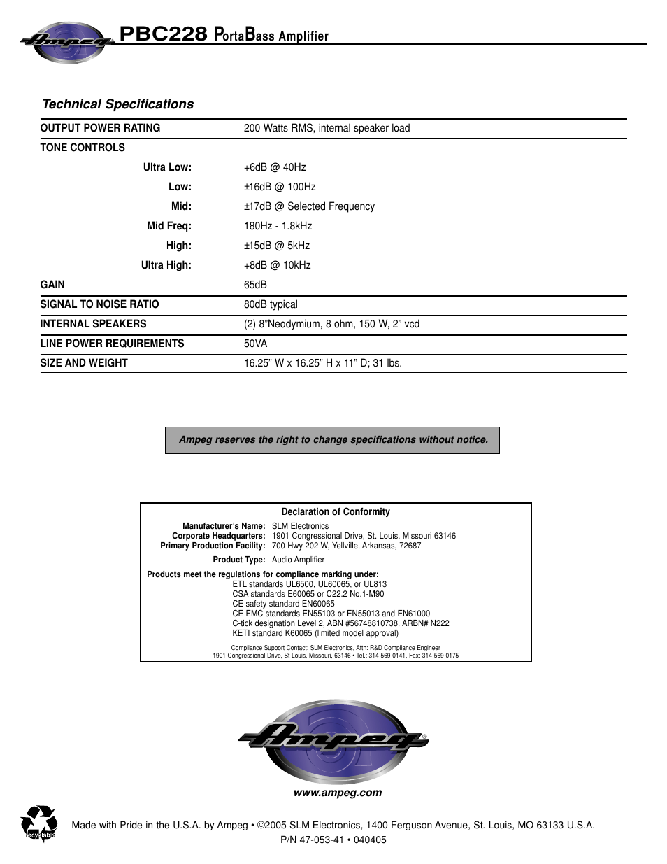 Pbc228 p | Ampeg PBC228 User Manual | Page 8 / 8