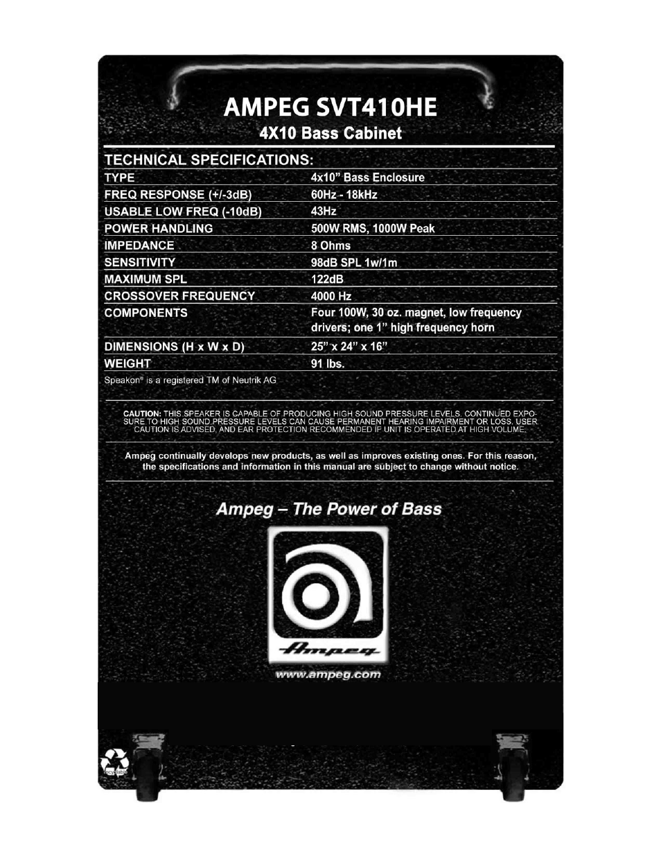 Ampeg svt410he, 4x10 bass cabinet, Ampeg - the power of bass | Ampeg SVT-410HE User Manual | Page 4 / 4