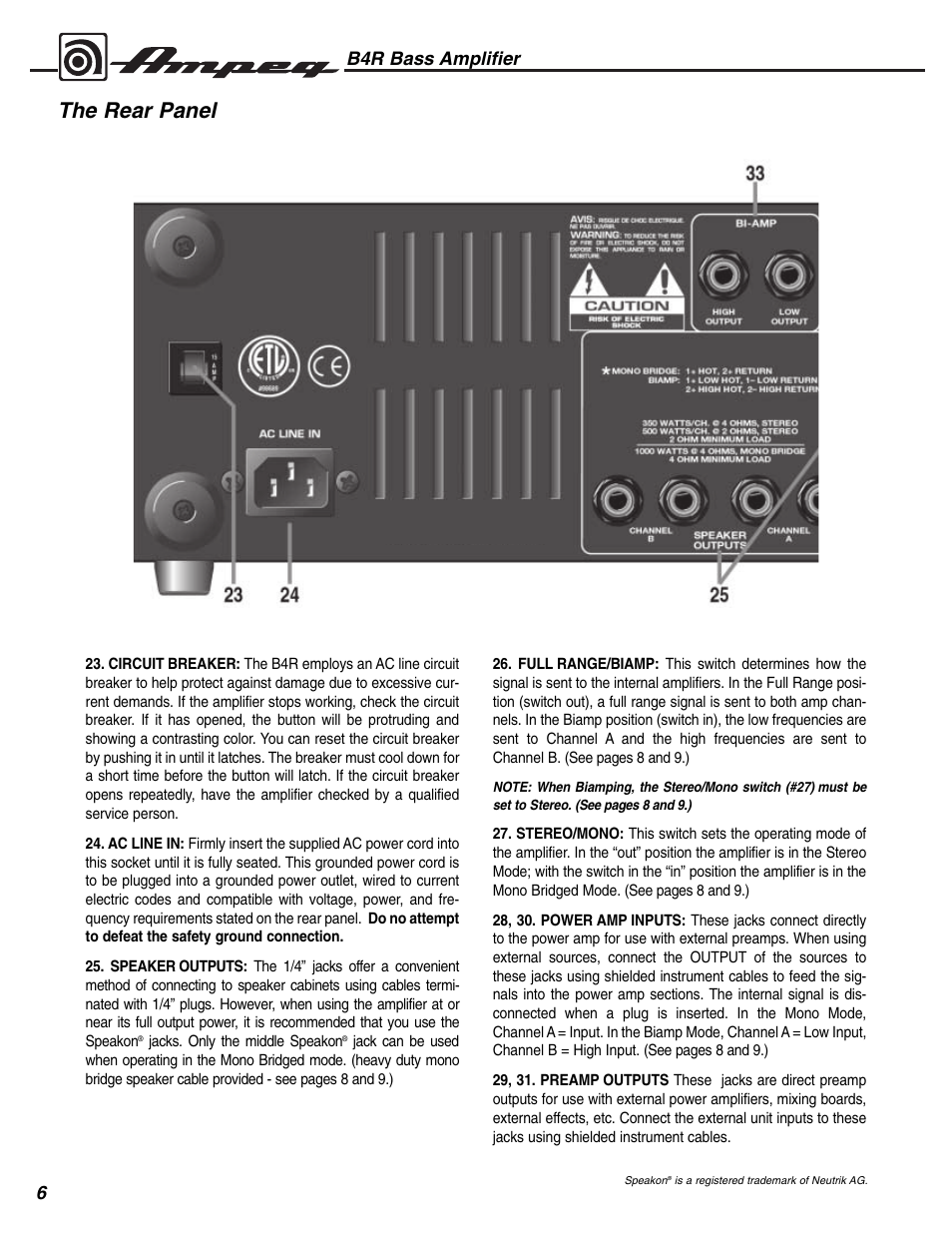 The rear panel, B4r bass amplifier | Ampeg B4R User Manual | Page 6 / 12