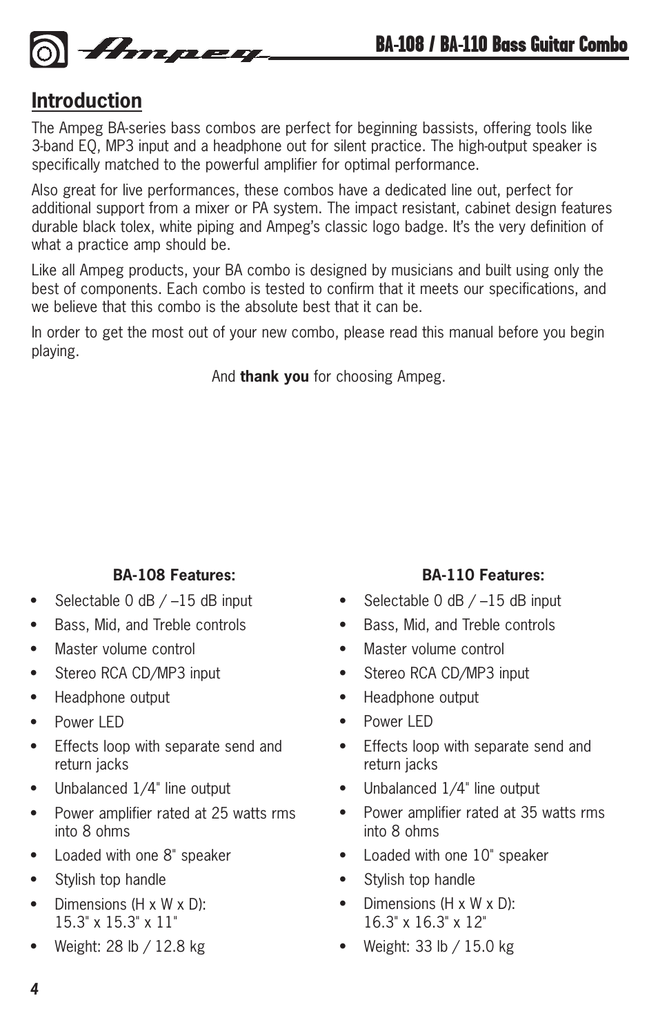Introduction | Ampeg BA-108 User Manual | Page 4 / 8