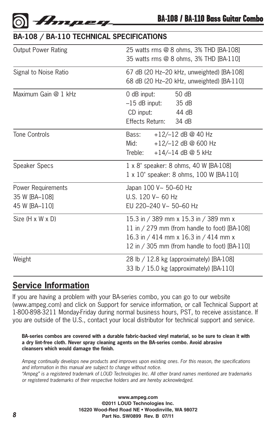 Service information | Ampeg BA-108 User Manual | Page 8 / 8