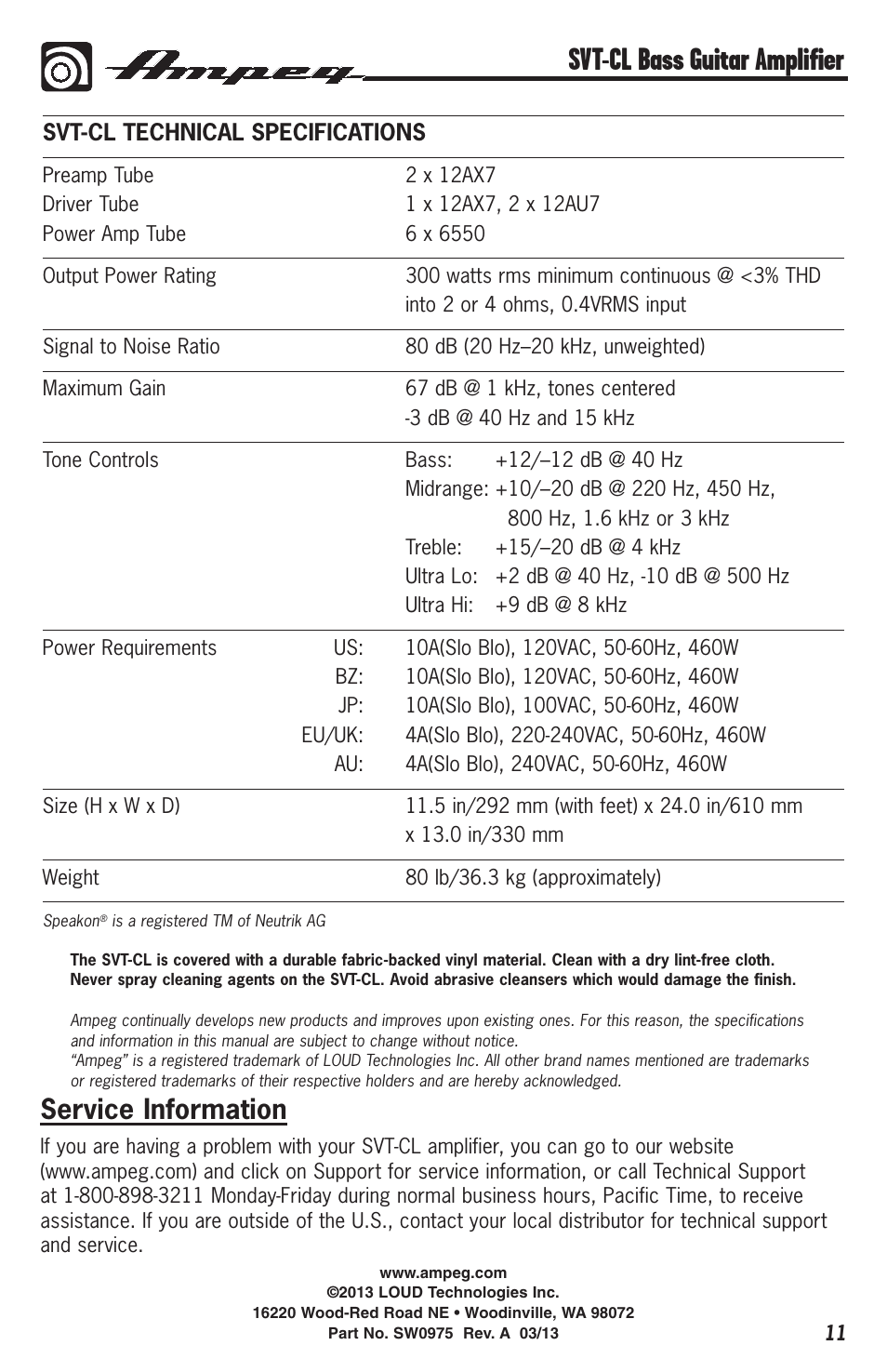 Svt-cl bass guitar amplifier, Service information, Svt-cl technical specifications | Ampeg Svt-Cl User Manual | Page 11 / 12