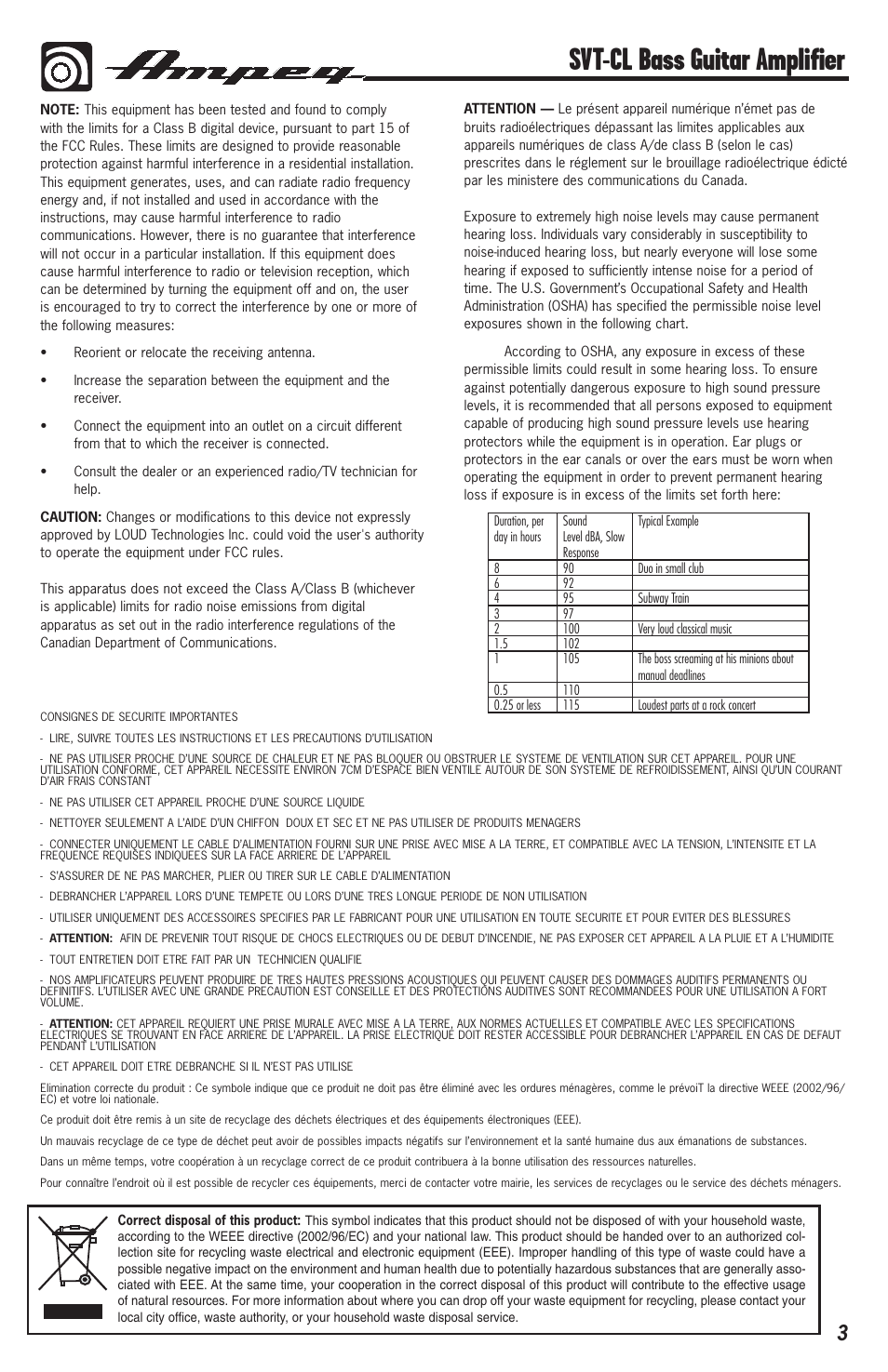 Svt-cl bass guitar amplifier | Ampeg Svt-Cl User Manual | Page 3 / 12