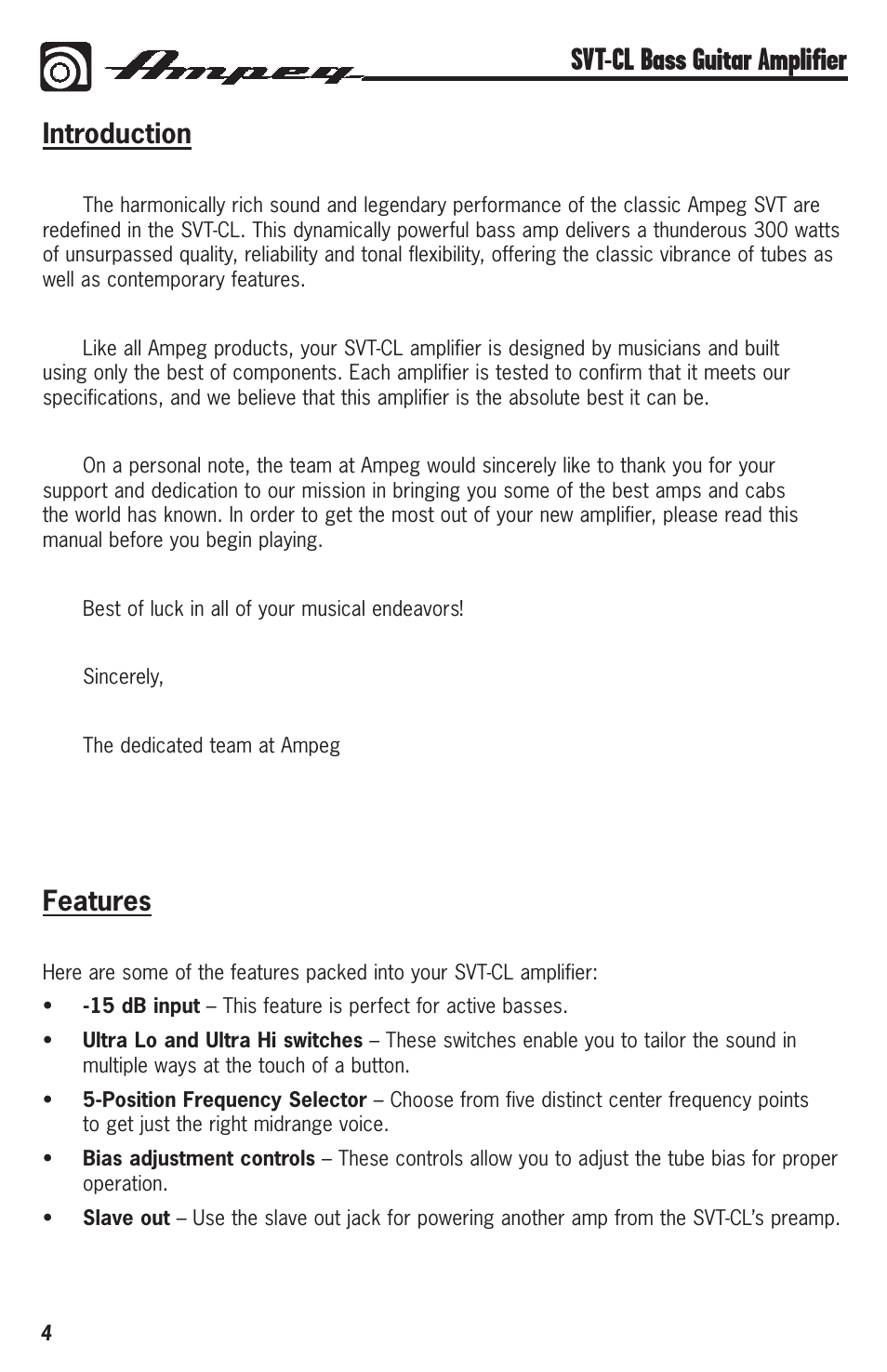 Svt-cl bass guitar amplifier, Introduction, Features | Ampeg Svt-Cl User Manual | Page 4 / 12