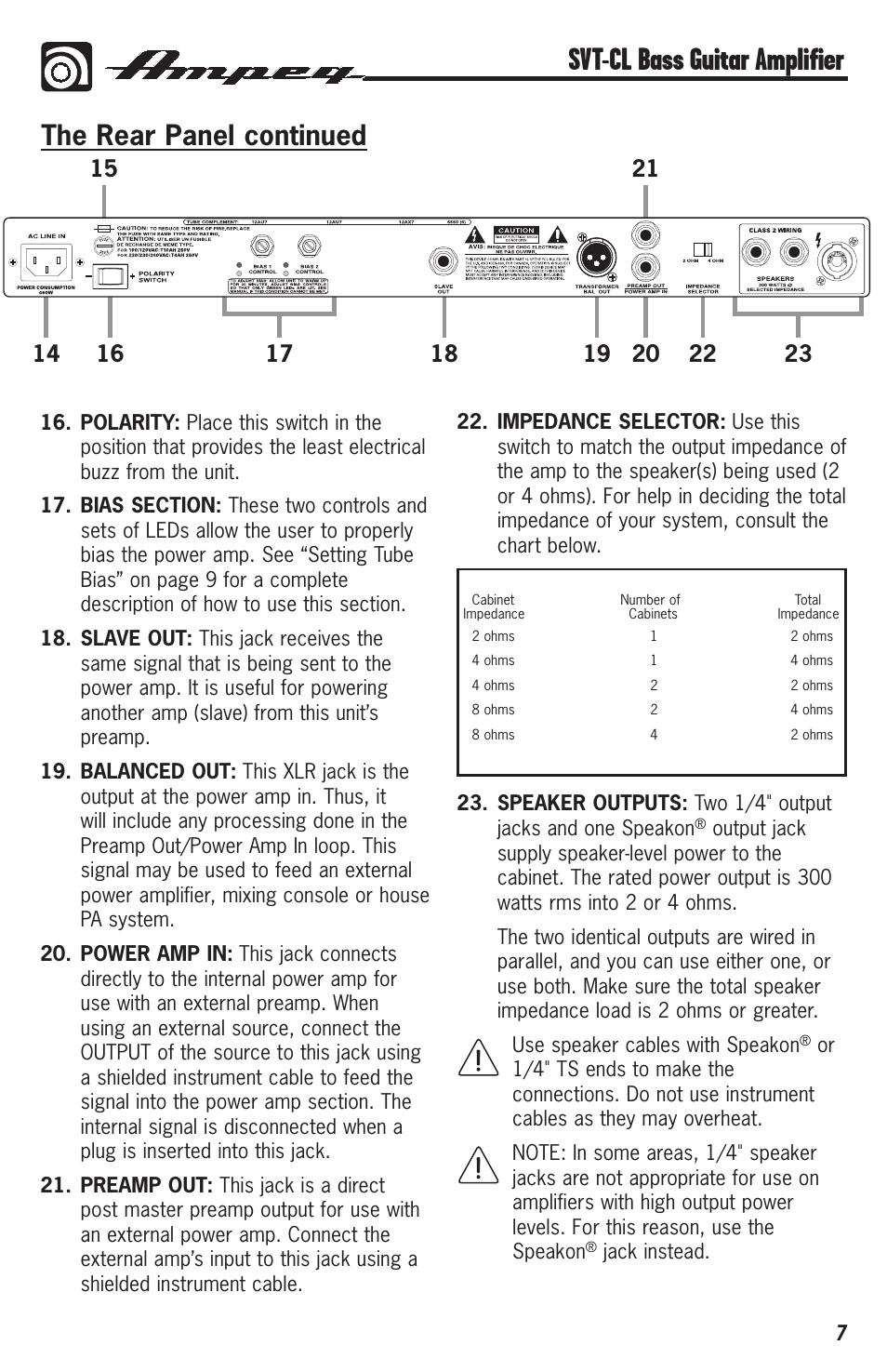 Svt-cl bass guitar amplifier, The rear panel continued | Ampeg Svt-Cl User Manual | Page 7 / 12