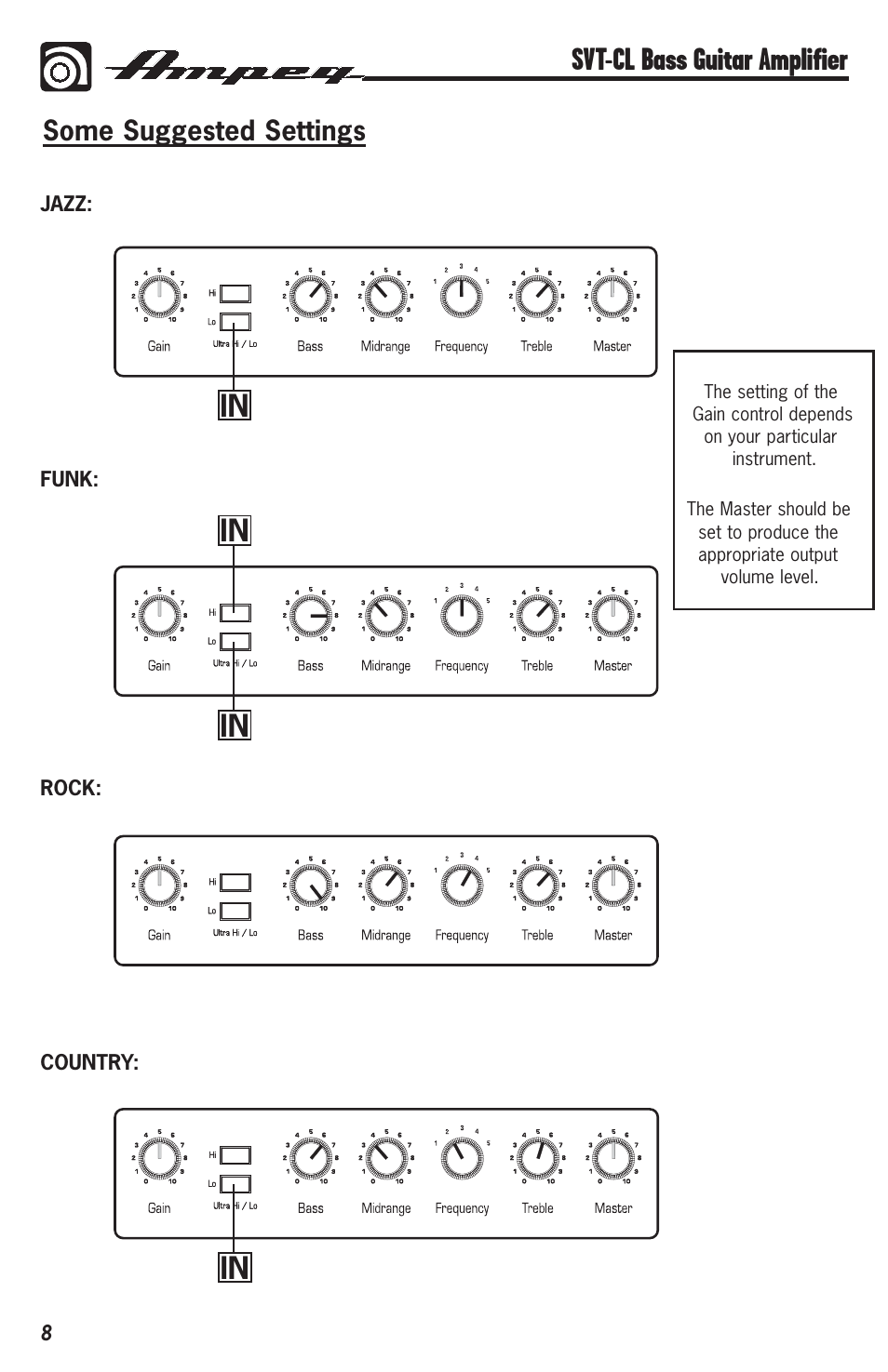 Svt-cl bass guitar amplifier, Some suggested settings | Ampeg Svt-Cl User Manual | Page 8 / 12