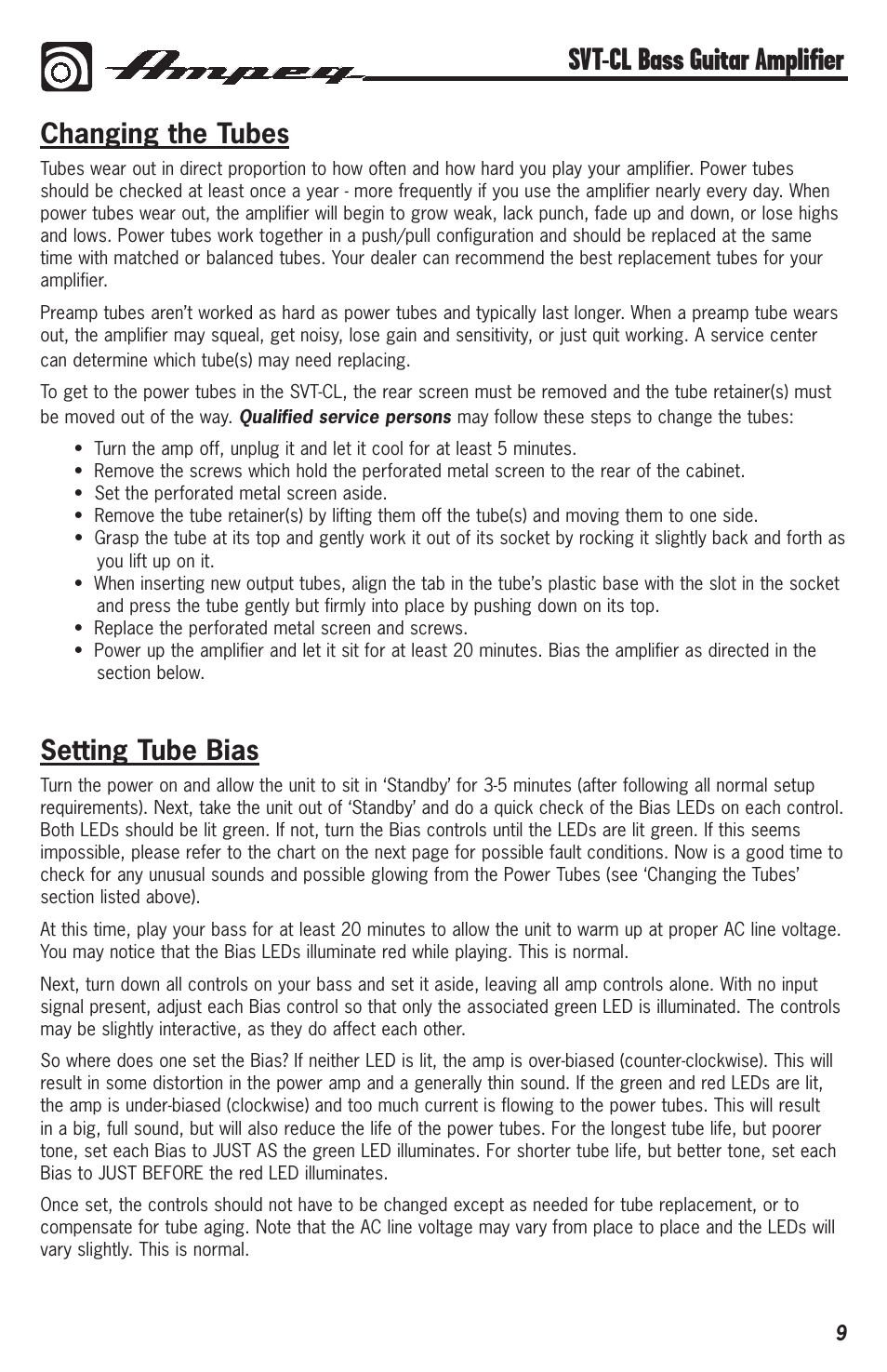 Svt-cl bass guitar amplifier, Changing the tubes, Setting tube bias | Ampeg Svt-Cl User Manual | Page 9 / 12