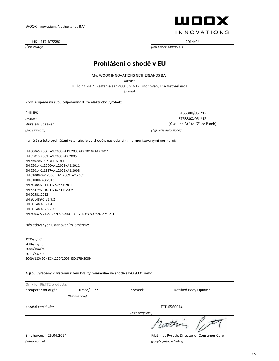 Prohlášení o shodě v eu | Philips Enceinte sans fil User Manual | Page 15 / 21