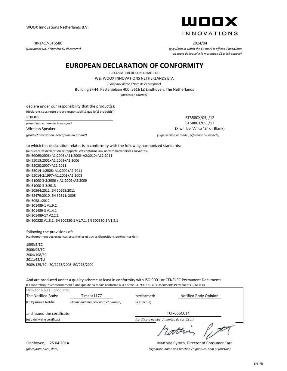 European declaration of conformity | Philips Enceinte sans fil User Manual | Page 2 / 21