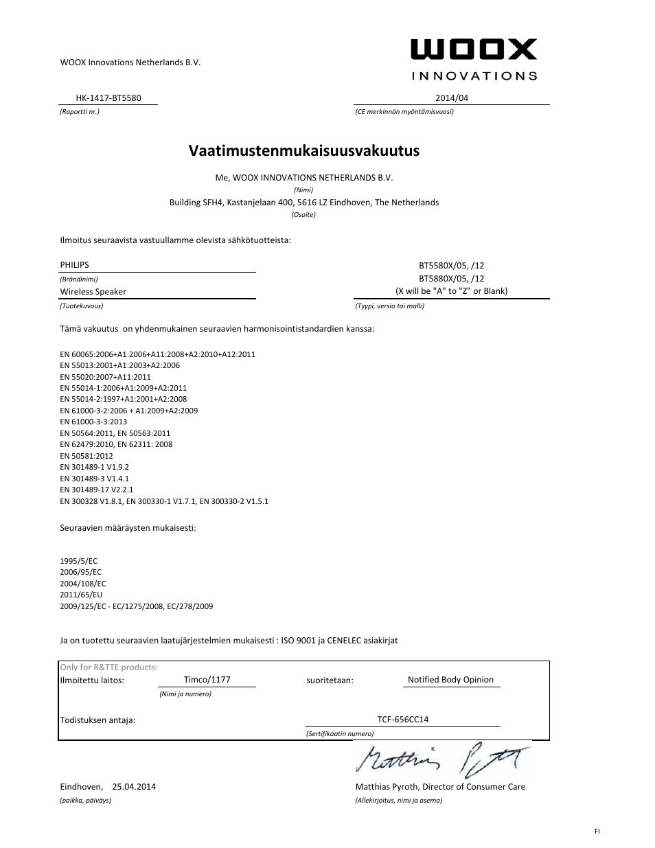 Vaatimustenmukaisuusvakuutus | Philips Enceinte sans fil User Manual | Page 6 / 21