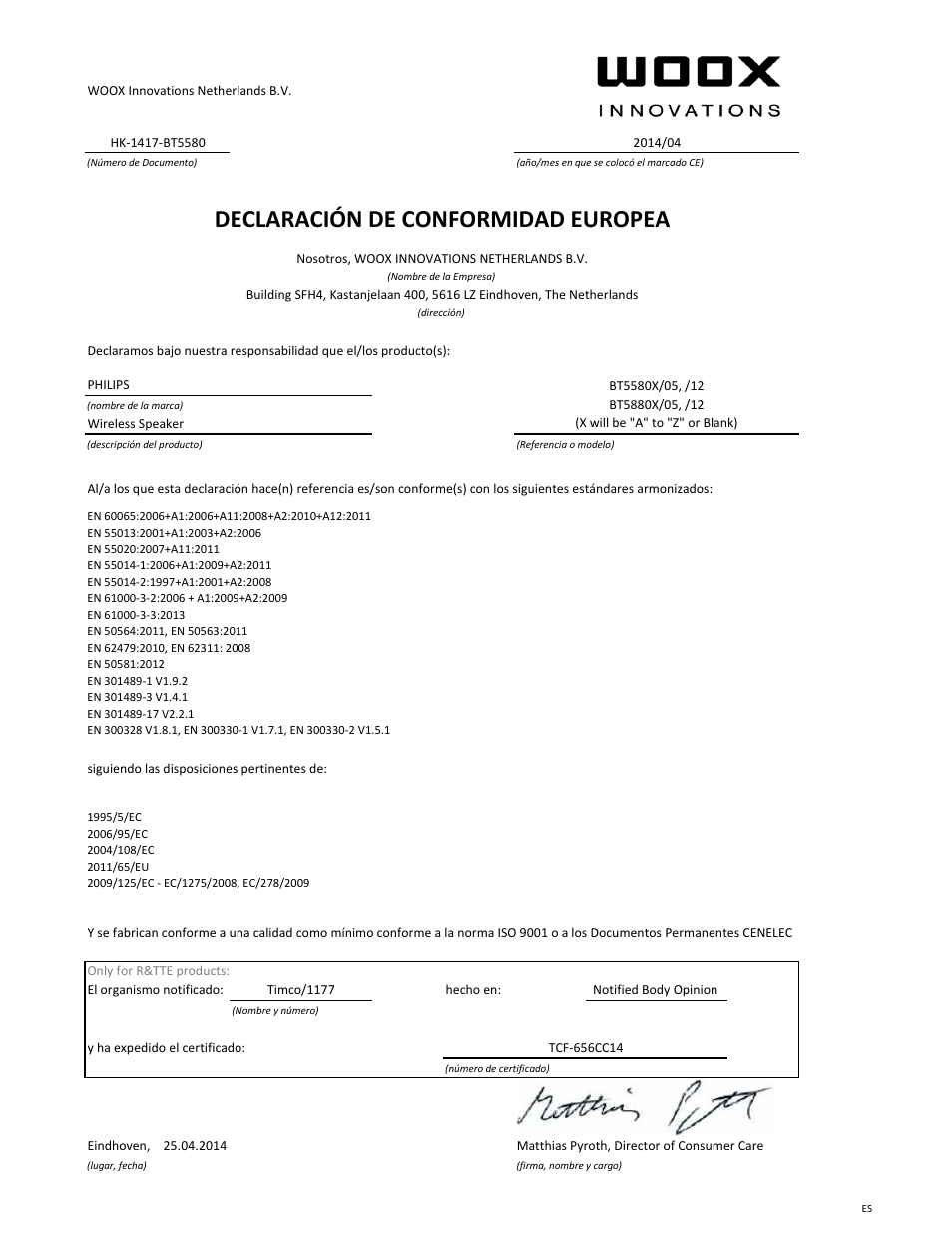 Declaración de conformidad europea | Philips Enceinte sans fil User Manual | Page 7 / 21