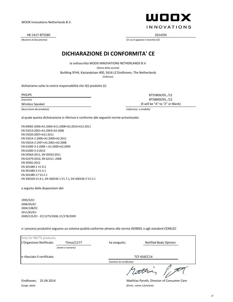 Dichiarazione di conformita' ce | Philips Enceinte sans fil User Manual | Page 9 / 21