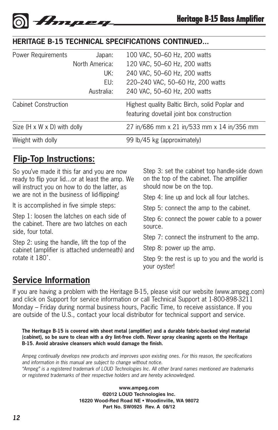 Heritage b-15 bass amplifier, Flip-top instructions, Service information | Ampeg HERITAGE B-15 User Manual | Page 12 / 12