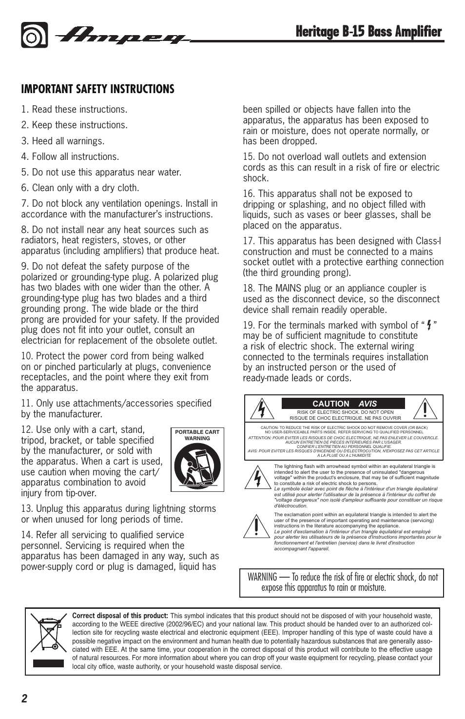 Heritage b-15 bass amplifier, Important safety instructions | Ampeg HERITAGE B-15 User Manual | Page 2 / 12