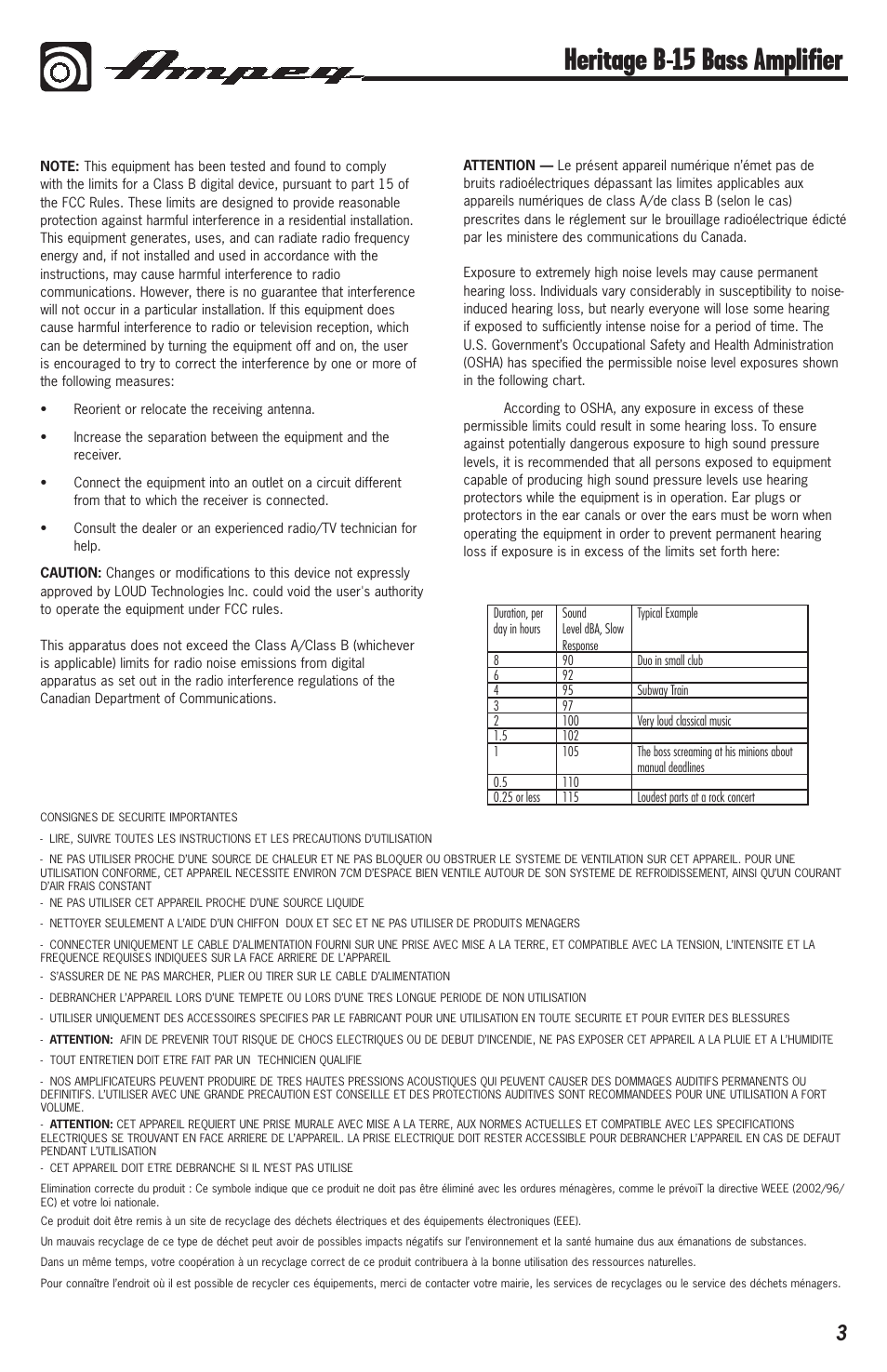 Heritage b-15 bass amplifier | Ampeg HERITAGE B-15 User Manual | Page 3 / 12