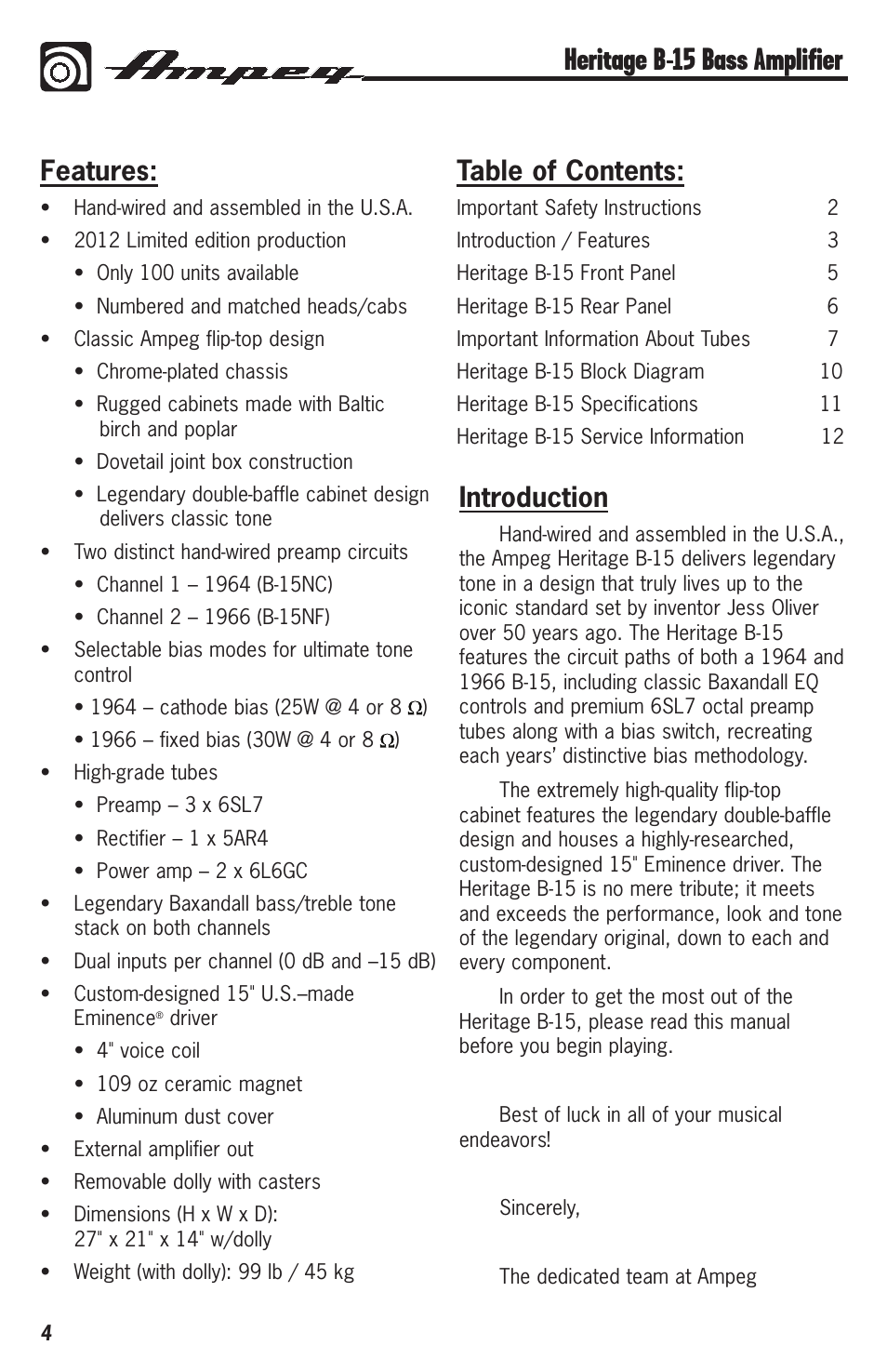 Ampeg HERITAGE B-15 User Manual | Page 4 / 12