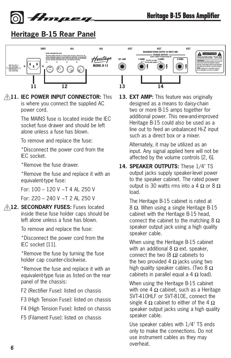 Heritage b-15 bass amplifier, Heritage b-15 rear panel | Ampeg HERITAGE B-15 User Manual | Page 6 / 12