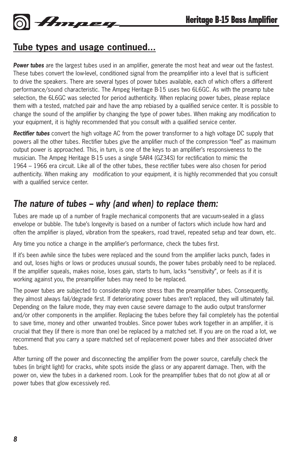 Heritage b-15 bass amplifier, Tube types and usage continued | Ampeg HERITAGE B-15 User Manual | Page 8 / 12