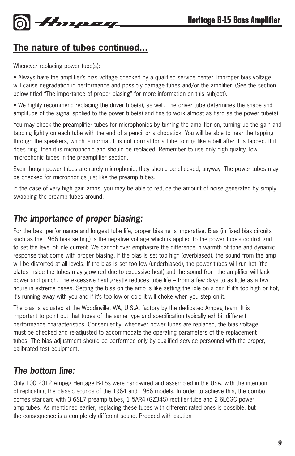 Heritage b-15 bass amplifier, The importance of proper biasing, The bottom line | The nature of tubes continued | Ampeg HERITAGE B-15 User Manual | Page 9 / 12