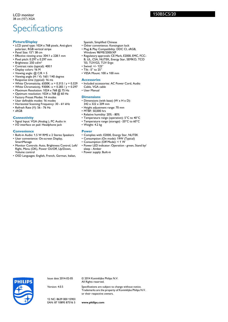 Specifications | Philips Moniteur LCD User Manual | Page 3 / 3