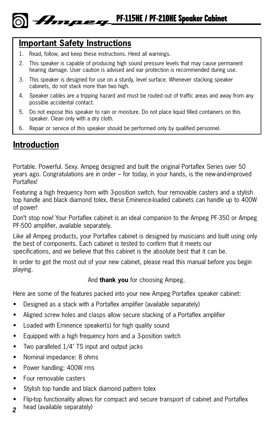 Introduction, Important safety instructions | Ampeg PF-210HE User Manual | Page 2 / 4