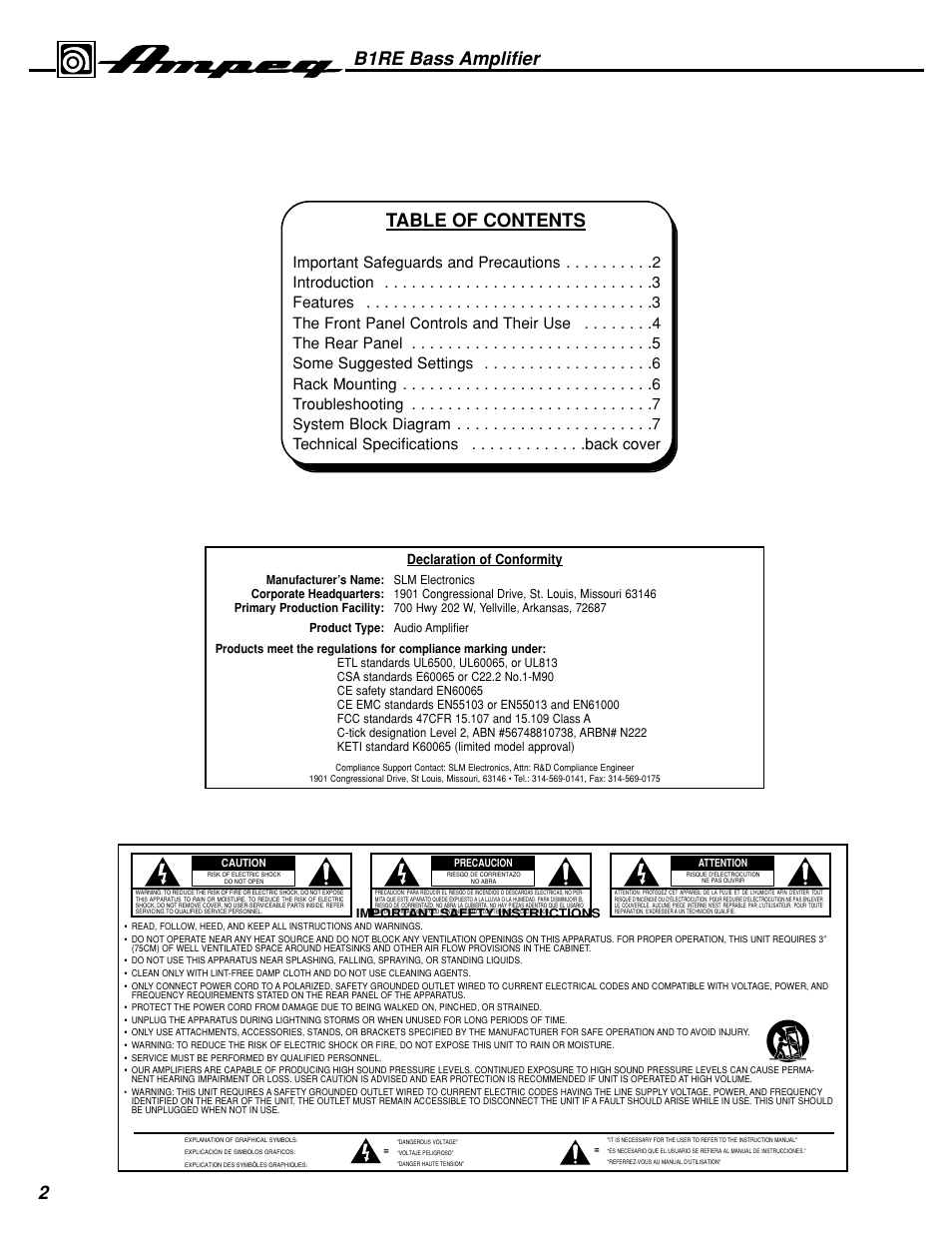 2table of contents, B1re bass amplifier, Declaration of conformity | Ampeg B1RE User Manual | Page 2 / 8