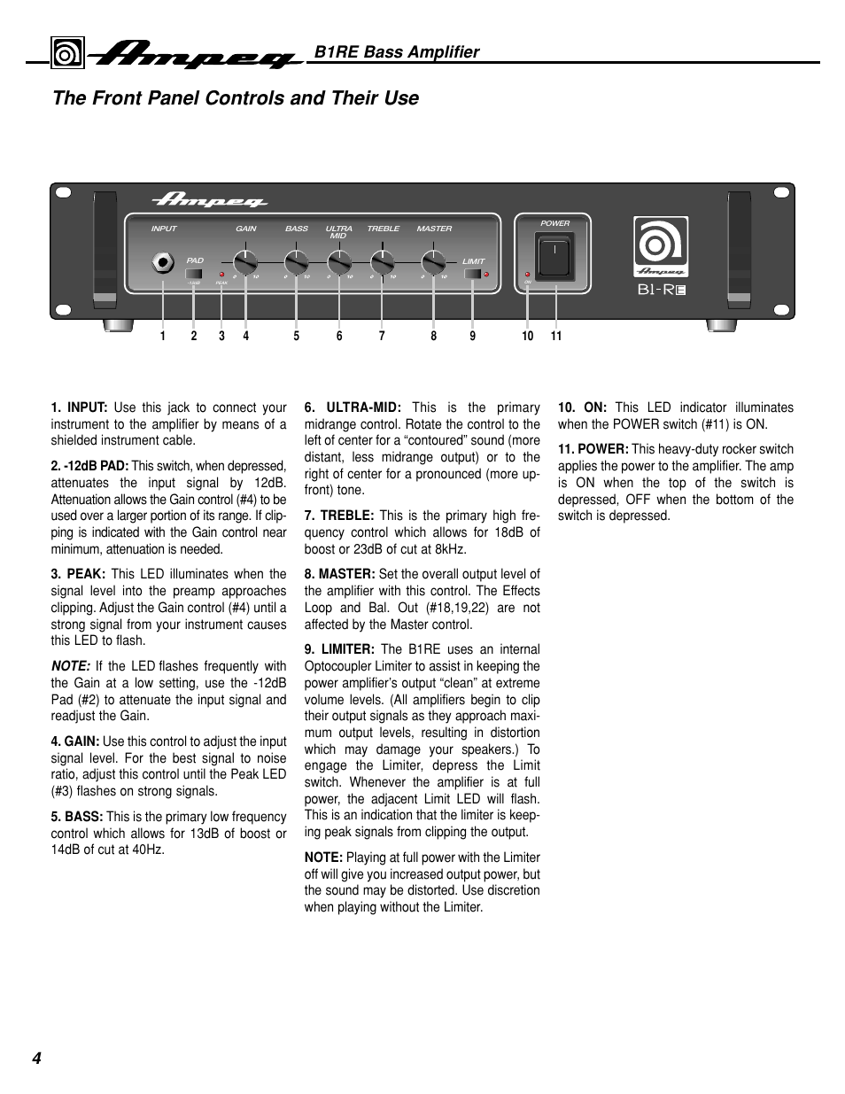 The front panel controls and their use, B1re bass amplifier | Ampeg B1RE User Manual | Page 4 / 8