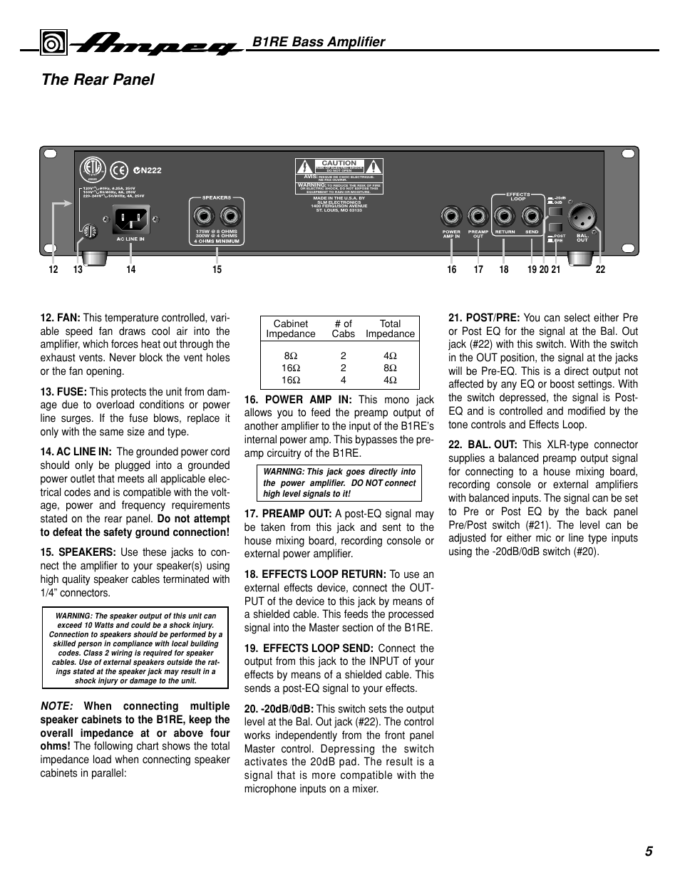 The rear panel, B1re bass amplifier | Ampeg B1RE User Manual | Page 5 / 8