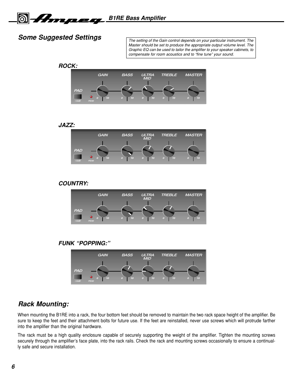 Some suggested settings rack mounting, Jazz: rock: country: funk “popping, B1re bass amplifier | Ampeg B1RE User Manual | Page 6 / 8