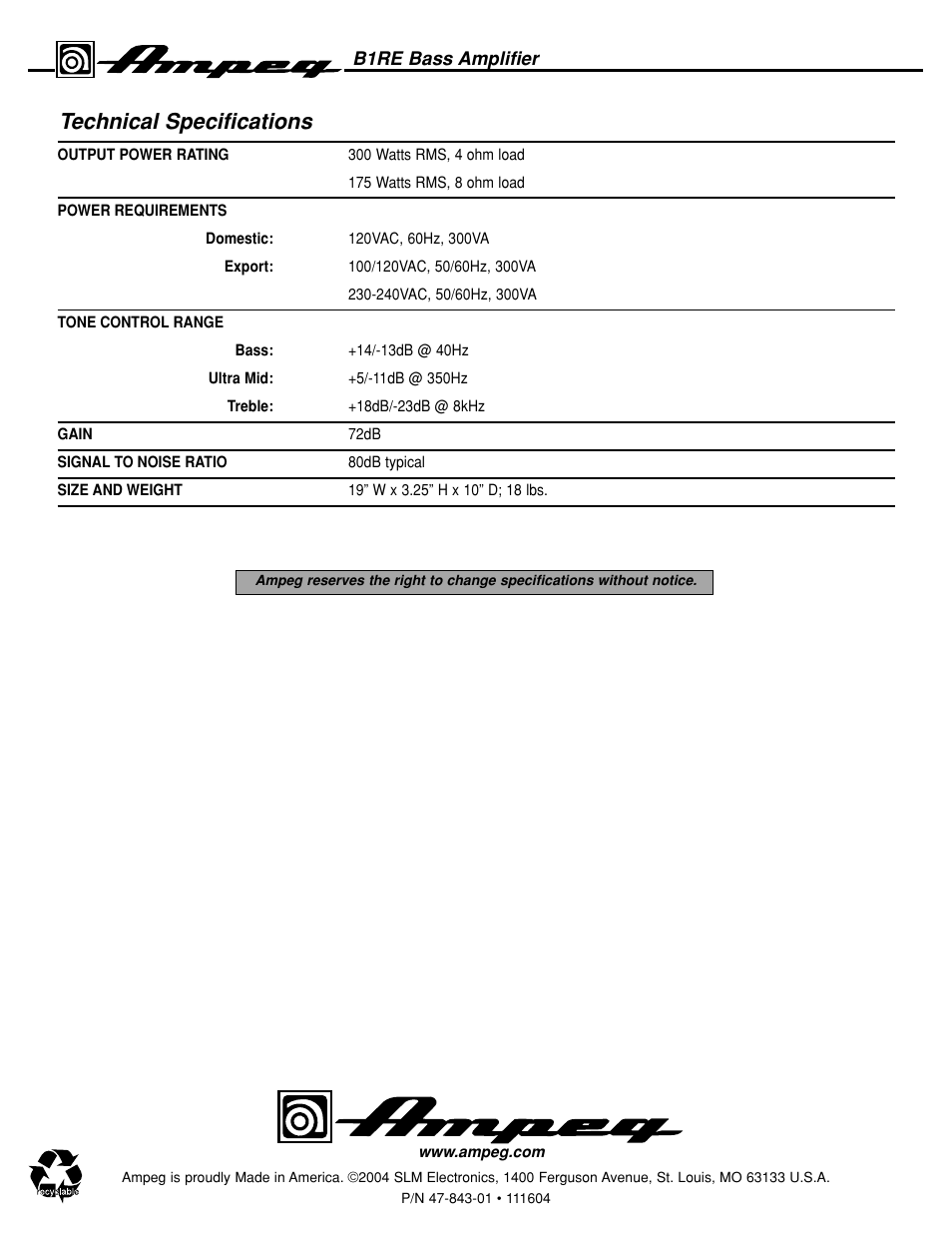 Technical specifications | Ampeg B1RE User Manual | Page 8 / 8