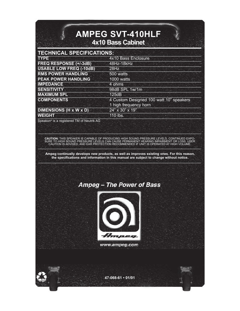 Ampeg svt-410hlf, 4x10 bass cabinet, Technical specifications | Ampeg Svt-410hlf User Manual | Page 4 / 4