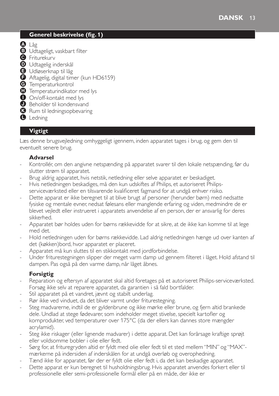 Advarsel, Forsigtig, Dansk | Generel beskrivelse (fig. 1), Vigtigt | Philips Friteuse User Manual | Page 13 / 100
