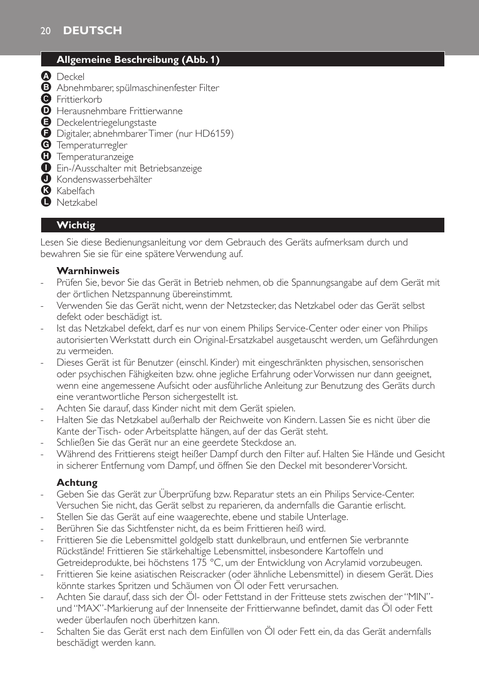 Warnhinweis, Achtung, Deutsch | Allgemeine beschreibung (abb. 1), Wichtig | Philips Friteuse User Manual | Page 20 / 100