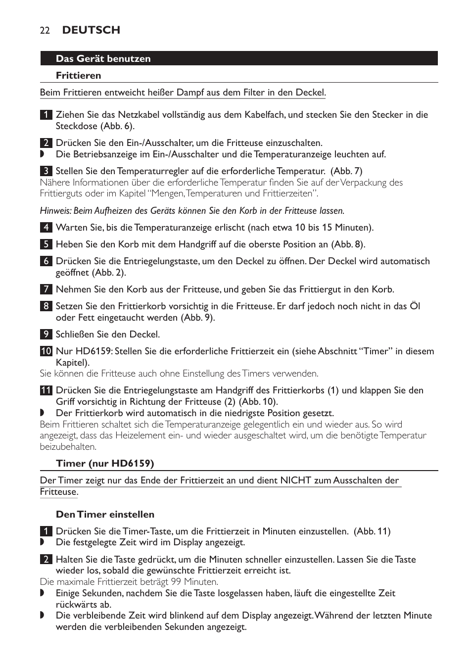 Das gerät benutzen, Frittieren, Timer (nur hd6159) | Den timer einstellen | Philips Friteuse User Manual | Page 22 / 100