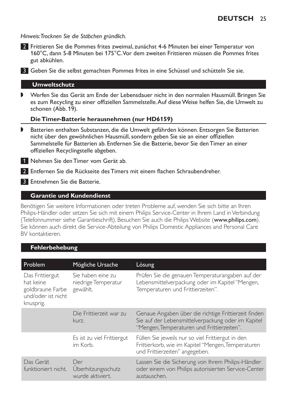 Umweltschutz, Die timer-batterie herausnehmen (nur hd6159), Garantie und kundendienst | Fehlerbehebung | Philips Friteuse User Manual | Page 25 / 100