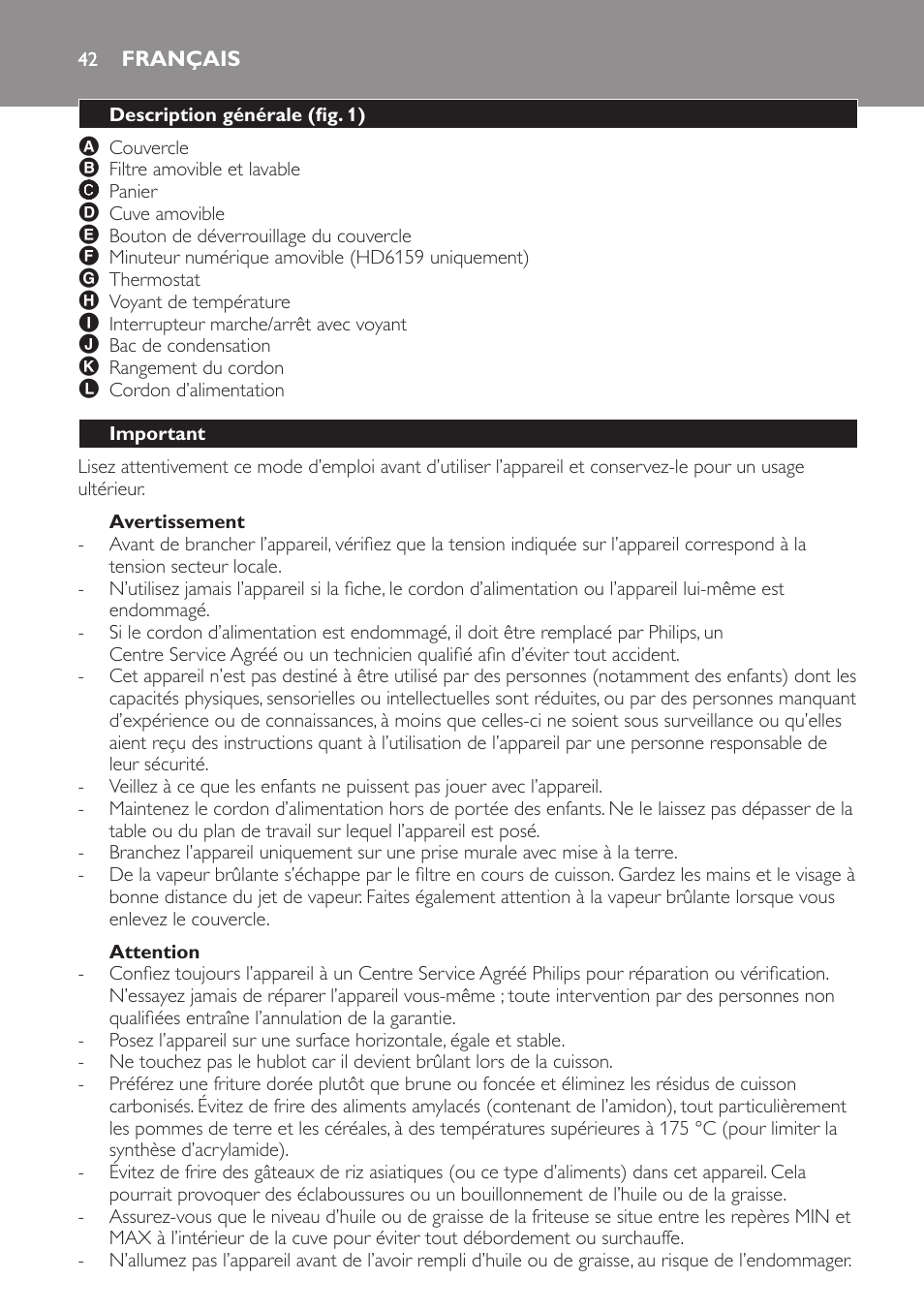 Avertissement, Attention, Français | Description générale (fig. 1), Important | Philips Friteuse User Manual | Page 42 / 100