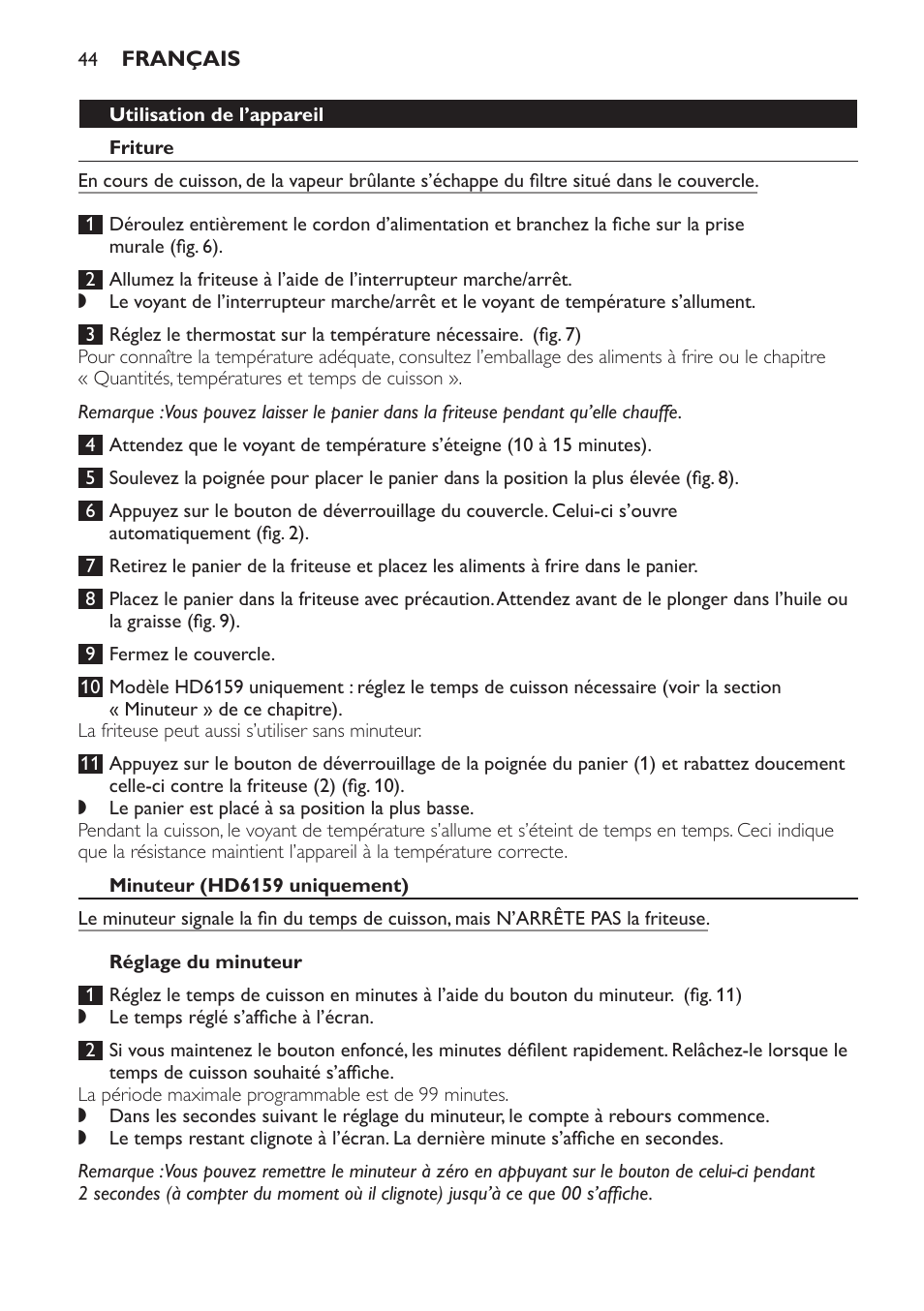 Utilisation de l’appareil, Friture, Minuteur (hd6159 uniquement) | Réglage du minuteur | Philips Friteuse User Manual | Page 44 / 100