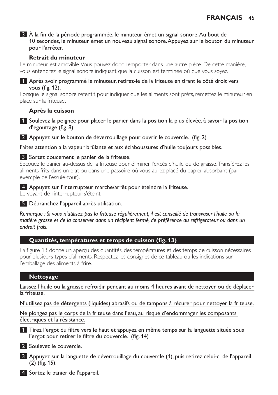 Retrait du minuteur, Après la cuisson, Nettoyage | Philips Friteuse User Manual | Page 45 / 100